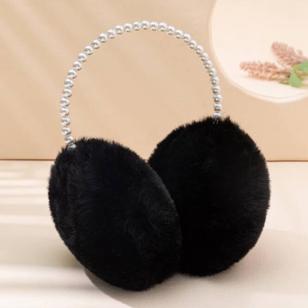 Faux Pearl Headband Black Plush War Muffs